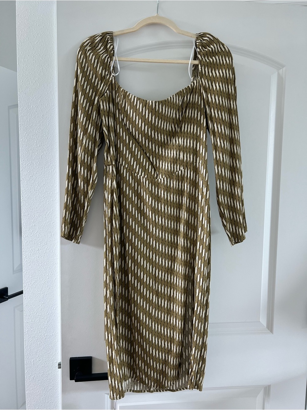 Reformation Olive and Cream Geo-Print Long Sleeve Midi Dress